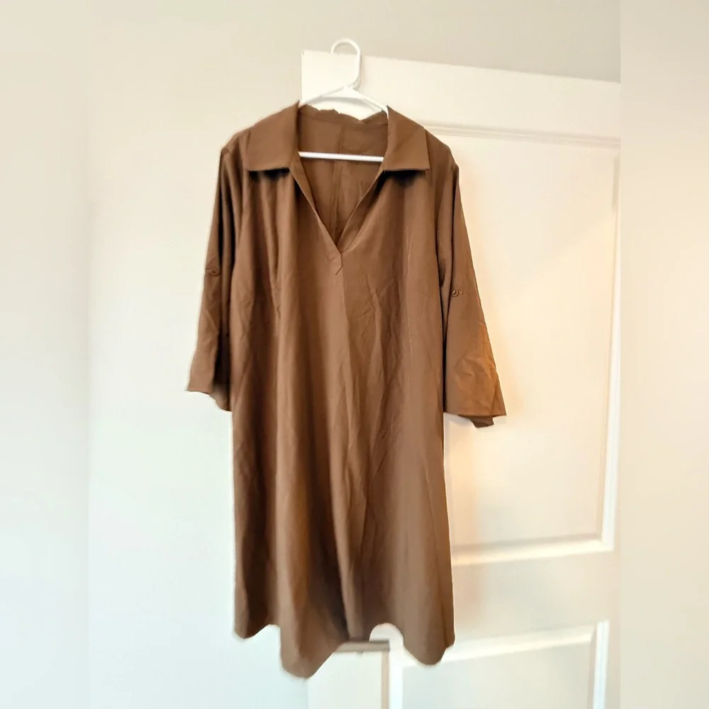 SHEIN Brown Collared V-Neck Midi Shirt Dress
